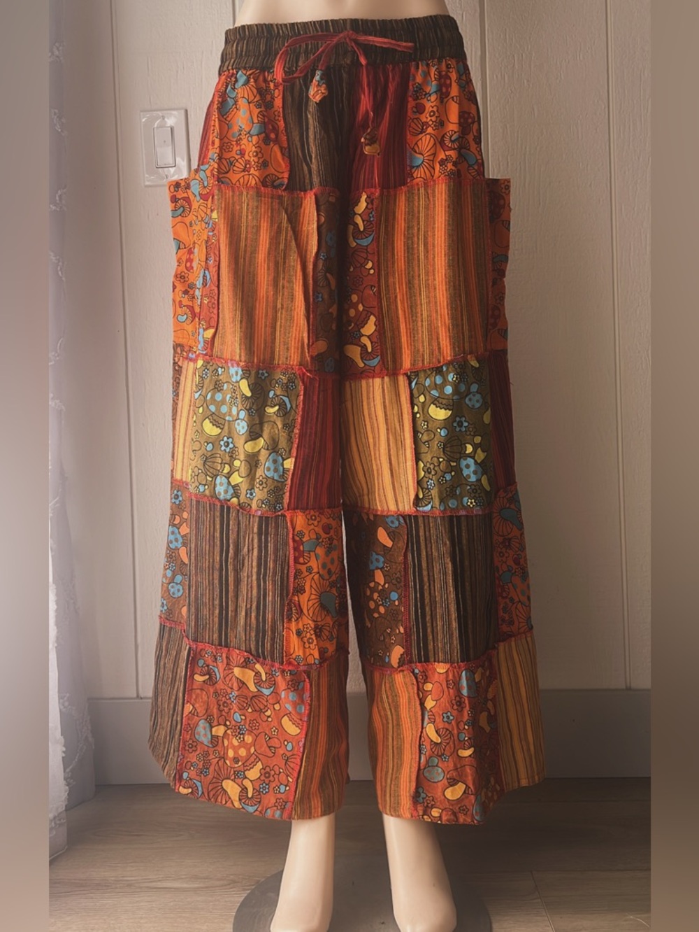 Bohemian Patchwork Wide-Leg Pants - Multi Orange With Mushroom Prints - Picture 2 of 4